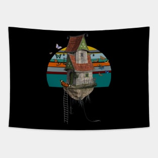 Magic House with butterflies vinntage sun floating flying house Tapestry