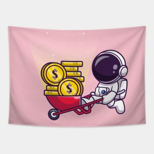 Cute Astronaut Mining Gold Coin Cartoon Tapestry