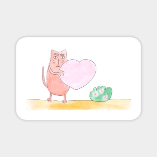 Cat holds the heart. Love, falling in love, friendship. Cute design, watercolor illustration. Pet, fun. Magnet