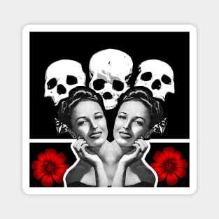 Beautiful woman face with skull and red flower Magnet