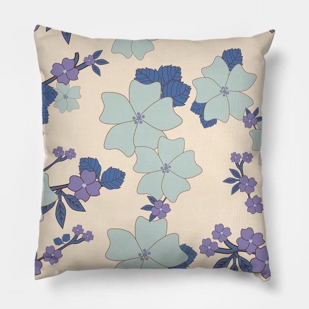 Blue Flowers, Purple Flowers, Floral Pattern Pillow by Jelena Dunčević