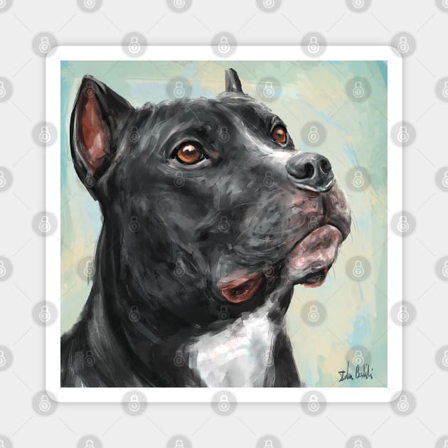 Painting of a Black Pit Bull Looking into the Horizon, on light Blue Yellow Background Magnet by ibadishi