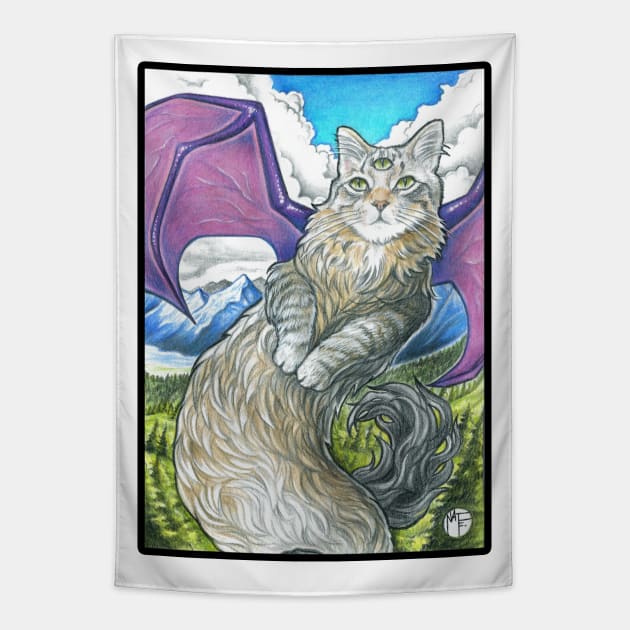 Cat Dragon - Black Outlined Version Tapestry by Nat Ewert Art