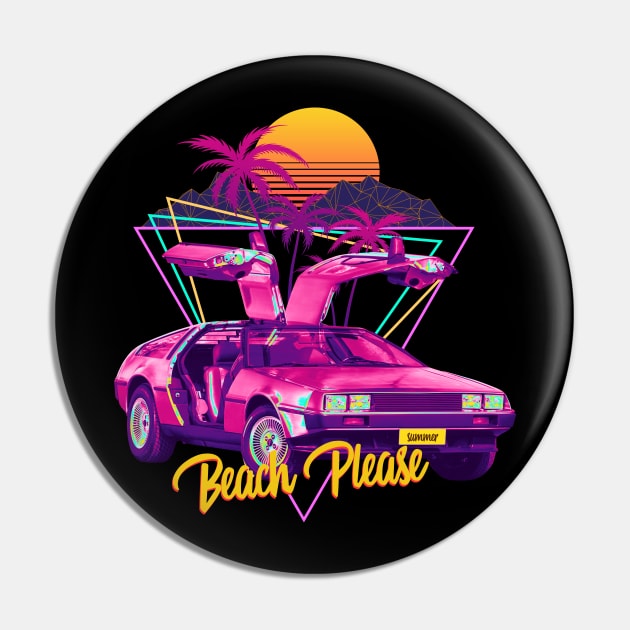 Beach Please Futuristic Car Retro Sunset Synthwave Premium Pin by Vaporwave