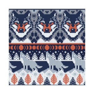 Fair isle knitting grey wolf // pattern // navy blue and grey wolves orange moons and pine trees T-Shirt