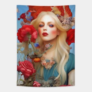 Cute Girl Surreal Floral Design with Wildflowers and Roses Tapestry