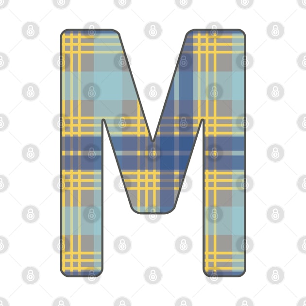 Monogram Letter M, Blue, Yellow and Grey Scottish Tartan Style Typography Design by MacPean