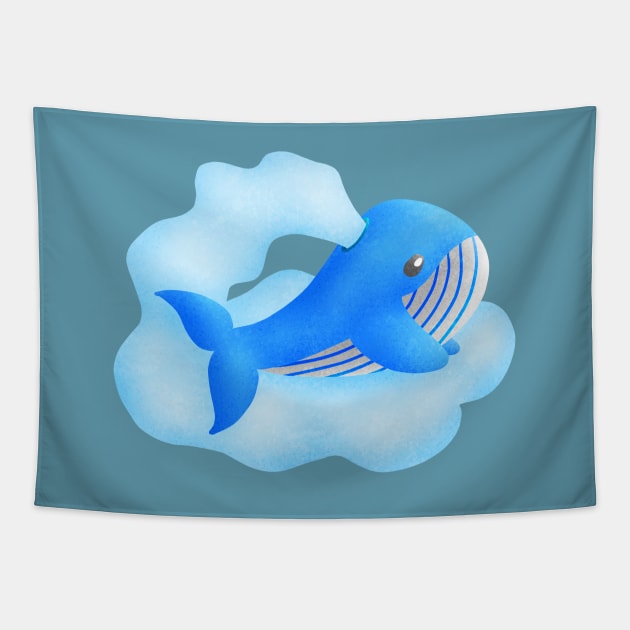 Blue whale blowing cloud.Flying with cloud. Tapestry by CleanRain3675