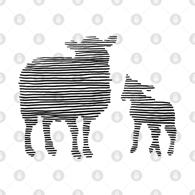 Lamb and Ewe Drawn in Black Horizontal Lines - Sheep by VegShop