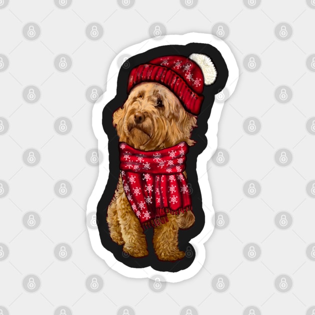 Cavapoo Cavoodle in festive red winter hat and scarf- cute cavalier king charles spaniel snug in a snowflake themed scarf Magnet by Artonmytee