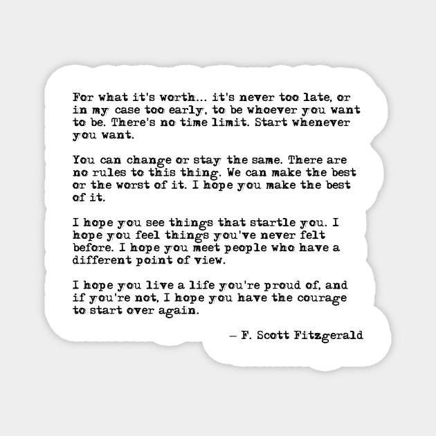 For what it's worth - F Scott Fitzgerald quote Magnet by peggieprints