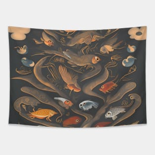 Metamorphosis Skies: A Surreal Landscape of Birds, Fish, and Reptiles in Transformation Tapestry