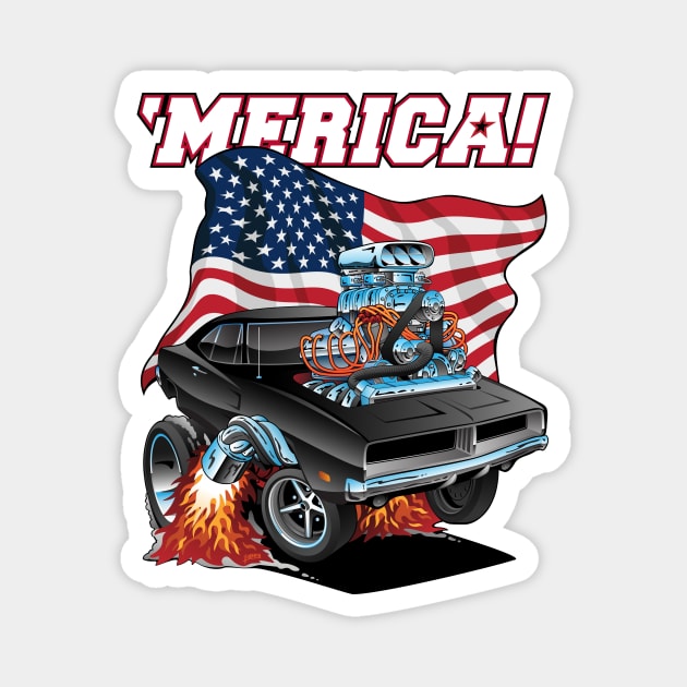 Merica Patriotic Classic Hot Rod Muscle Car USA Flag Cartoon Magnet by hobrath