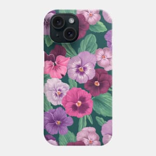 Colorful pansies on dark greenish blue Phone Case