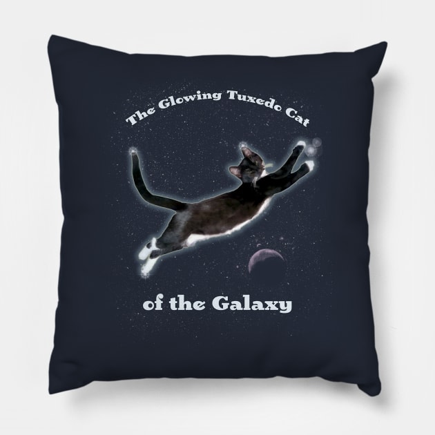 The Glowing Tuxedo Cat of the Galaxy Pillow by jdunster