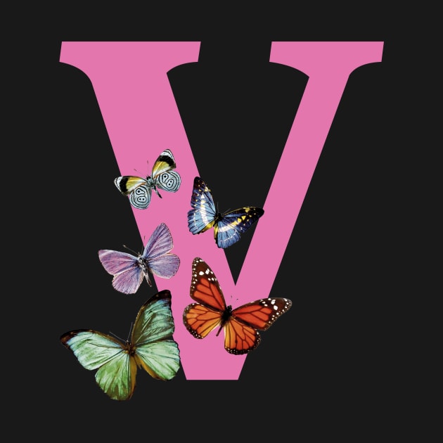 Letter pink V with colorful butterflies by ColorsHappiness