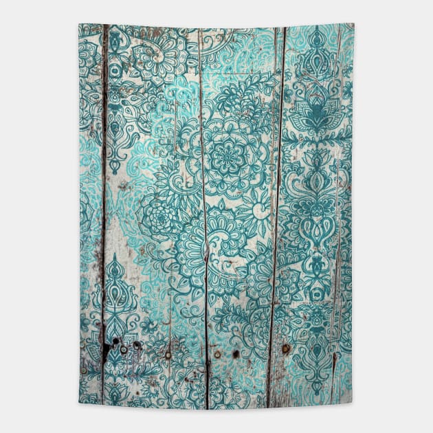 Teal & Aqua Botanical Doodle on Weathered Wood Tapestry by micklyn