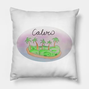 Calero watercolor Island travel, beach, sea and palm trees. Holidays and vacation, summer and relaxation Pillow