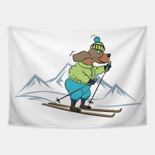 Cute Dog Skiing in the Winter Mountains Tapestry