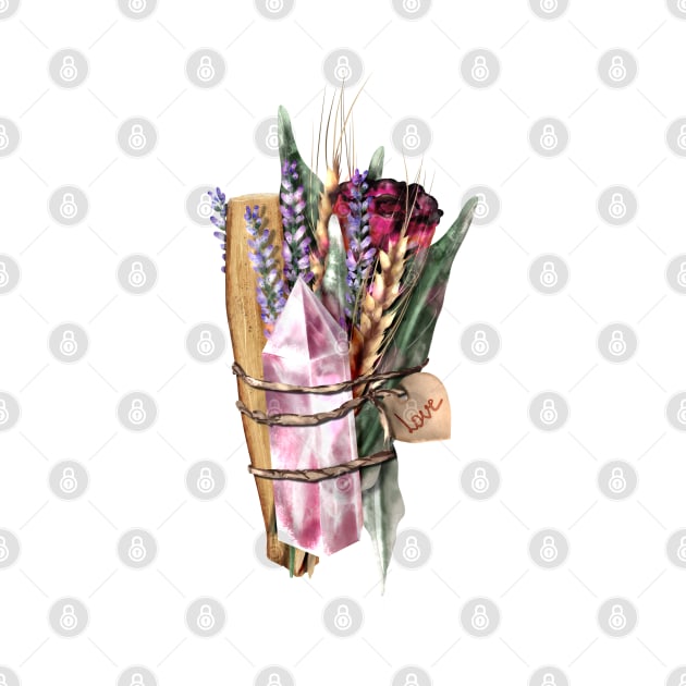 Witchcraft herbs and crystal smudging stick by Sitenkova