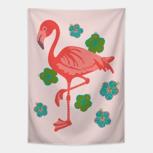 PINK FLAMINGO Tropical Bird with Hibiscus Flowers - UnBlink Studio by Jackie Tahara Tapestry