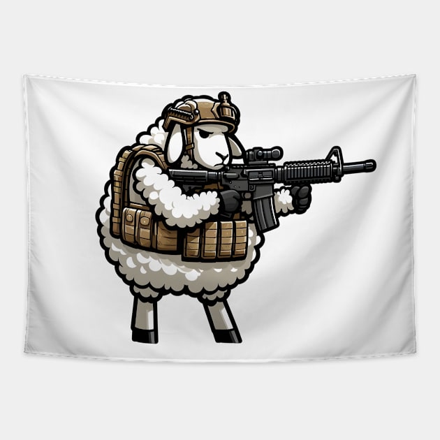 Tactical Sheep Tapestry by Rawlifegraphic