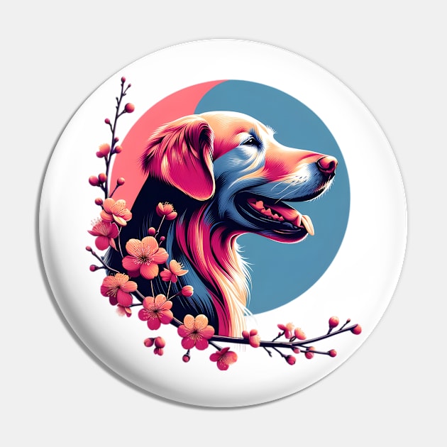 Joyful Flat-Coated Retriever with Spring Cherry Blossoms Pin by ArtRUs