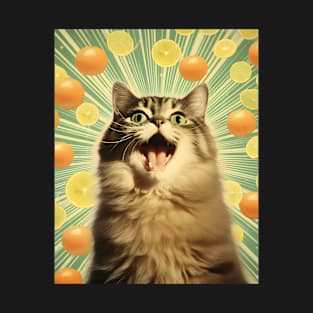 Vibrant Crazy Cat Collage Surrounded by Citrus Fruit - Unique Quirky Kitty Art T-Shirt