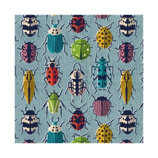 These don't bug me // pattern // duck egg blue background green yellow neon red orange pink blue and black and ivory retro paper cut beetles and insects T-Shirt