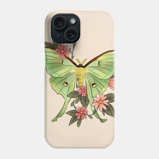 Actias Luna moth soft green floral Phone Case