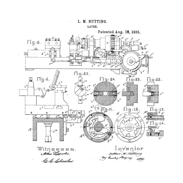 Lathe woodworking Vintage Patent Hand Drawing by TheYoungDesigns