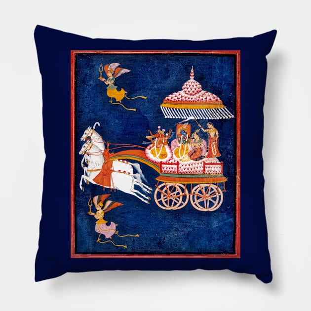 Krishna & Rukmini in a Celestial Chariot Driven by Ganesha Pillow by rocketshipretro