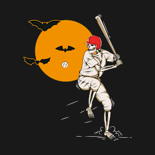 Skeleton Play Baseball in Halloween Night T-Shirt
