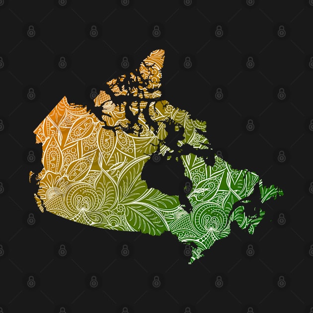 Colorful mandala art map of Canada with text in green and orange by Happy Citizen