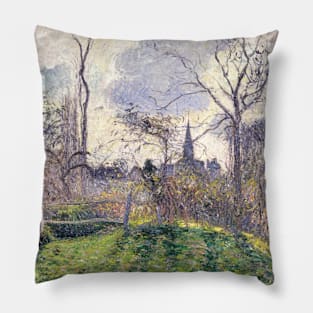 The Bell Tower of Bazincourt  by Camille Pissarro Pillow