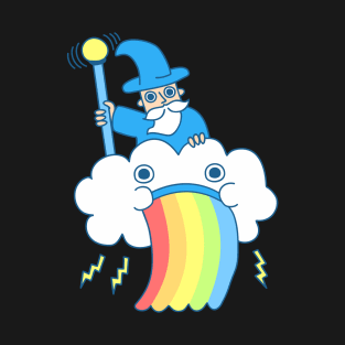 Blue Wizard Riding Rainbow Cloud T-Shirt