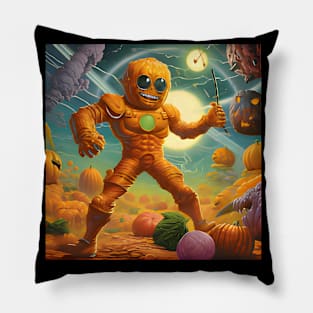 Pumpkin Alien Showing Off Muscles Pillow