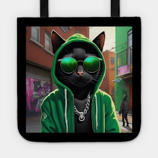 A black cat as a rap hiphop artist  in the alleyways of his home town. Tote