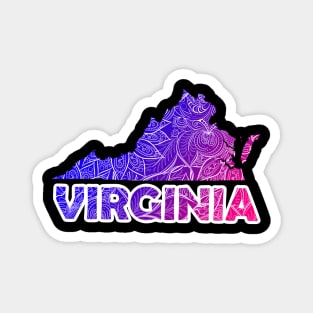 Colorful mandala art map of Virginia with text in blue and violet Magnet