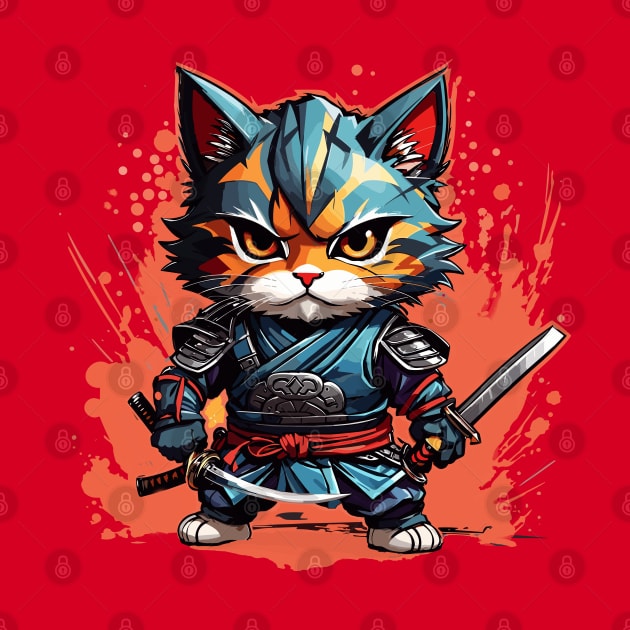 Cute Samurai Kitty Chibi Style Color Splash Design by TF Brands