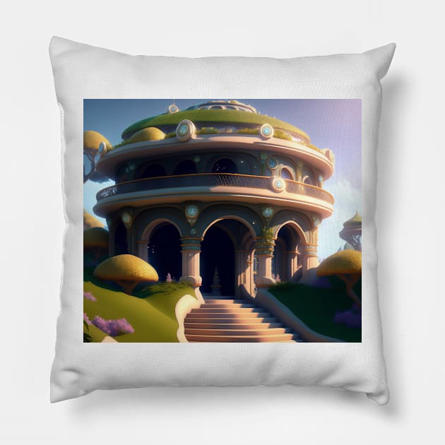 Parnassus Round Cozy Palace Futuristic Art Nouveau Pillow by entwithanaxe