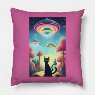 Cat UFO Forest Pillow