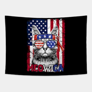 Men Women Funny Cat Lover 4th Of July Meowica American Flag Tapestry