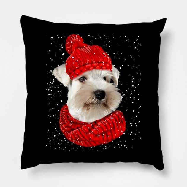 Miniature Schnauzer Wearing Red Hat And Scarf Christmas Pillow by SuperMama1650