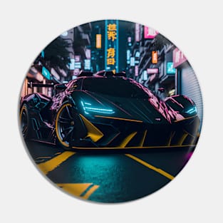 Dark Neon Sports Car in Japanese Neon City Pin