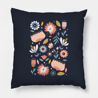 Folk Art Florals in Blue + Pink Pillow