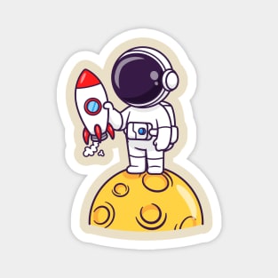 Cute Astronaut Holding Rocket On Moon Cartoon Magnet