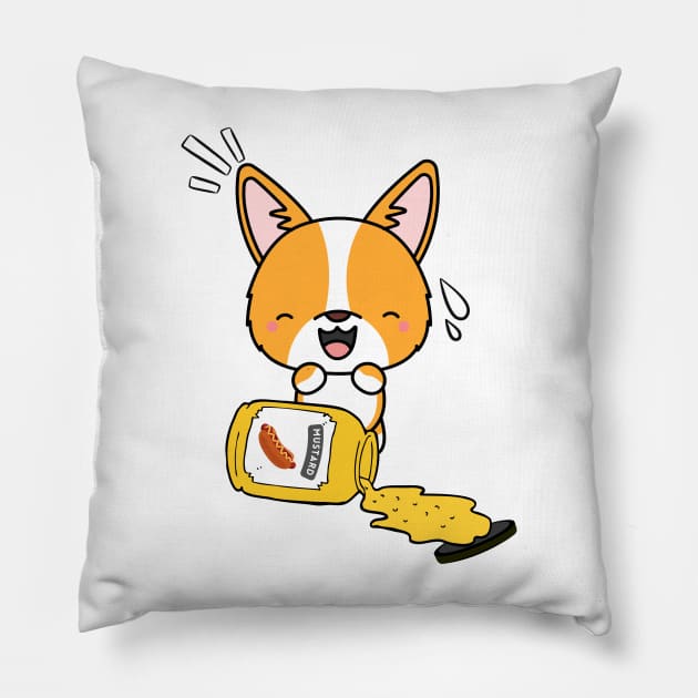 Cute Corgi Spilled a jar of mustard sauce Pillow by Pet Station