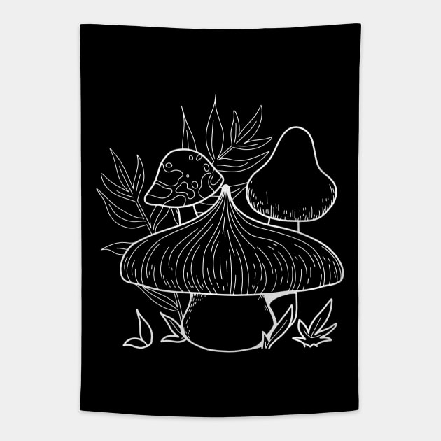 Mushroom Sprouts In Nature Line Art Design Tapestry by Promen Art