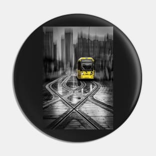 A Yellow Tram at a Stop in Manchester with ICM Pin